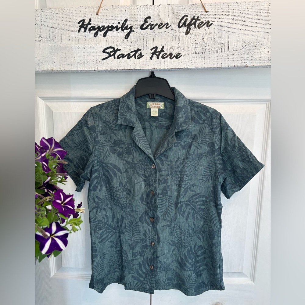Tommy Bahama Men's Leaf Pattern 100% Silk Button Shirt - Teal Gray - Size Small